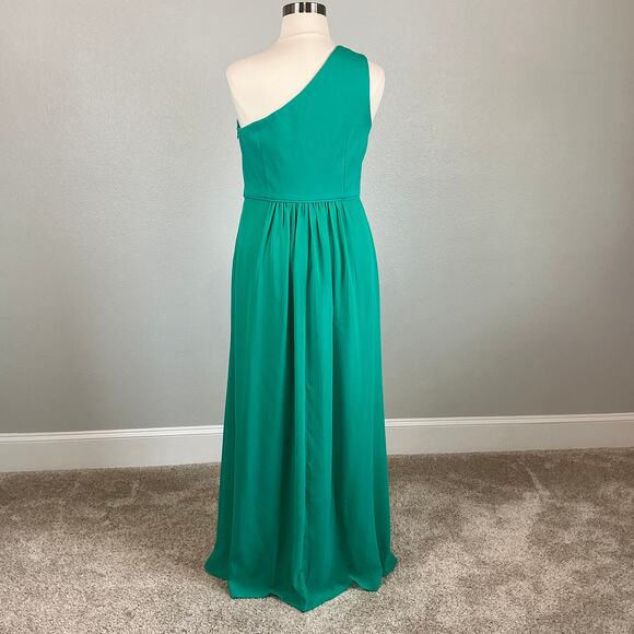 Adrianna Papell One Shoulder Evening Gown Size 16 Green Chiffon Thigh Slit Dress - Picture 6 of 13